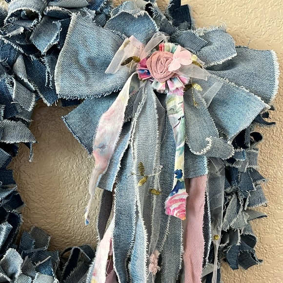 Boho Shabby Rag Wreath Denim Country Cottage Wall Decor Bow Farmhouse - Picture 8 of 12